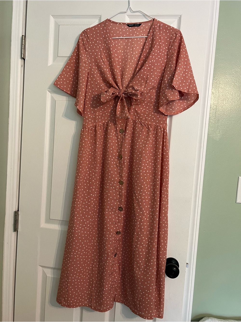 Tie-Front Polka Dot Midi Dress - Dusty Rose